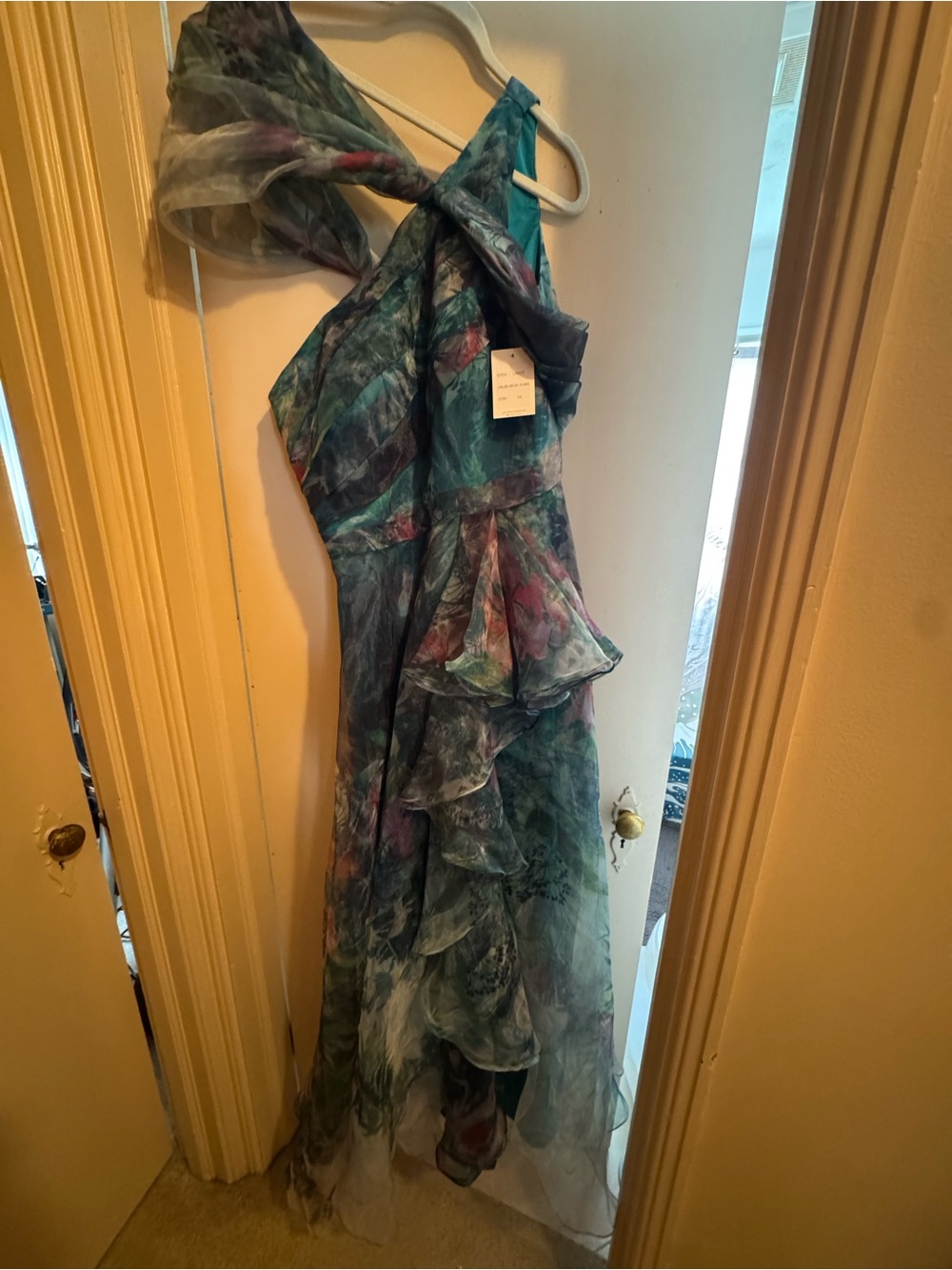 Women's Teal Floral Ruffle Halter Evening Dress